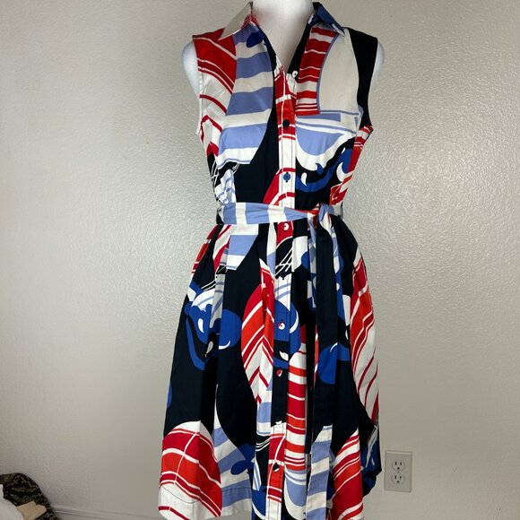 Talbots Navy Nautical Sailboat Pockets Belted Sleeveless Shirt Dress Preppy - Picture 6 of 12